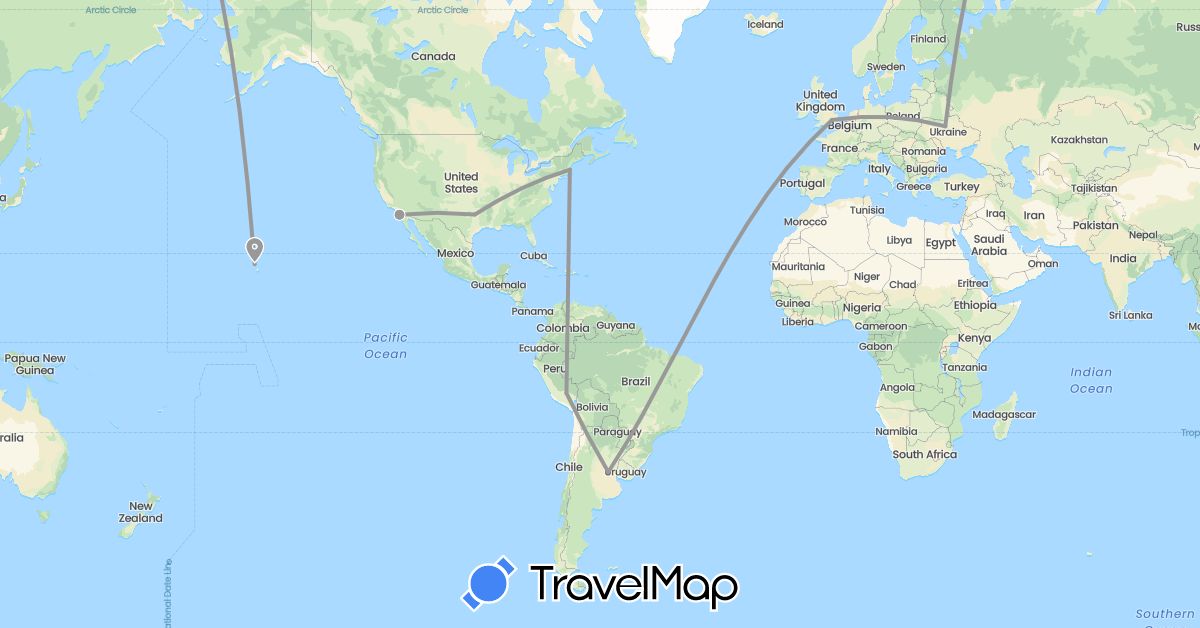 TravelMap itinerary: driving, plane in Argentina, United Kingdom, Peru, Ukraine, United States (Europe, North America, South America)